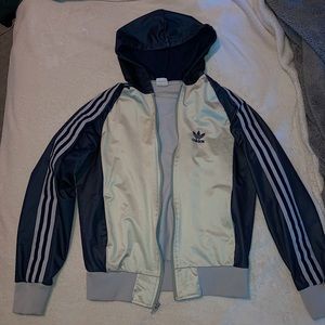 small navy blue + white adidas jacket
